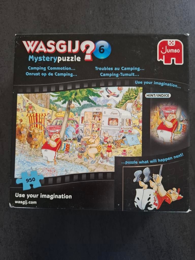 Compleet Wasgij Mysterypuzzel 6 - Onrust op de Camping, Ophalen of Verzenden, Meer dan 50 stukjes, Gebruikt, 6 jaar of ouder