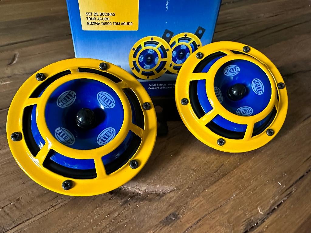 Hella Sharptone Claxon set geel blauw, Ophalen of Verzenden