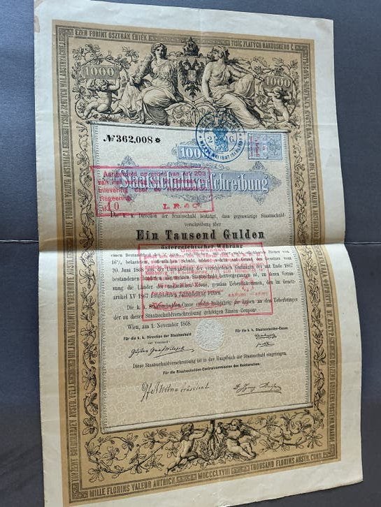 Oostenrijkse Staatschuldverschreibung 1000 Gulden 1868, Verzenden, Voor 1920, Obligatie of Lening