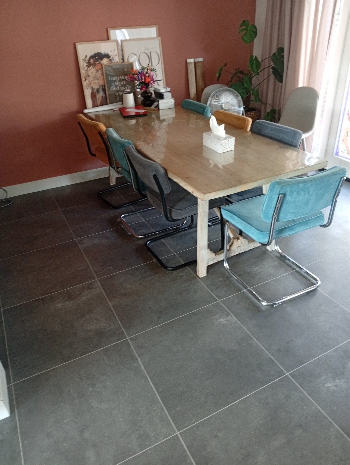 8 eetkamerstoelen in diverse kleuren, buisframe stoelen t, Ophalen, Gebruikt, Overige kleuren, Stof