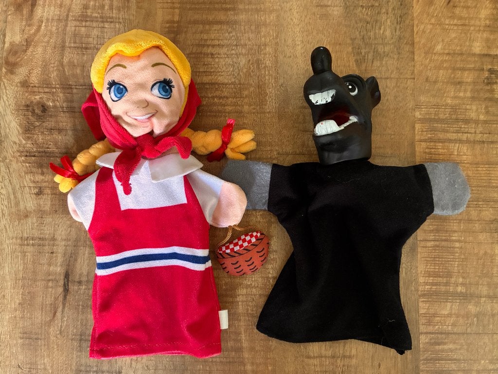 Pakket 2 handpoppen. Roodkapje Efteling en boze wolf PRIMA, Efteling, Ophalen of Verzenden, Zo goed als nieuw, Overige typen