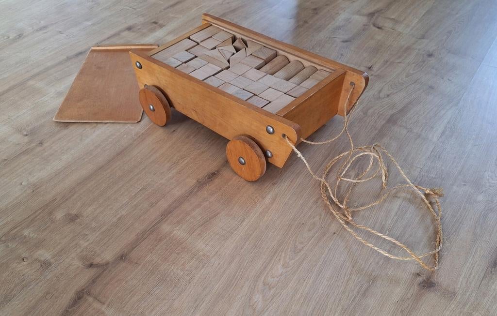 Nostalgische houten blokkendoos blokkenwagen trekkar  '70's, Ophalen, Gebruikt