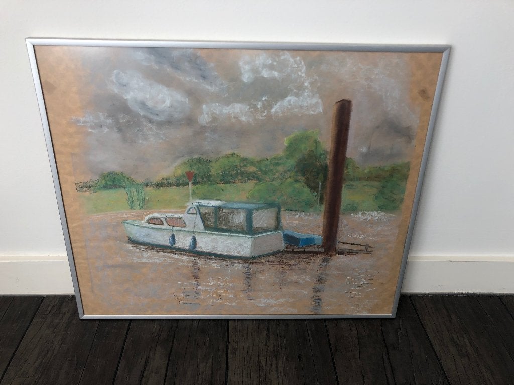B351 Lijst met grijze rand krijttekening Ten Broeke boot, Ophalen, Gebruikt, Glas