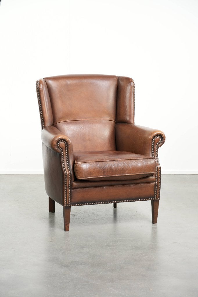 Mooie donkerbruine schapenleren oorfauteuil/ armchair, Ophalen, Gebruikt, Schapenleer, /