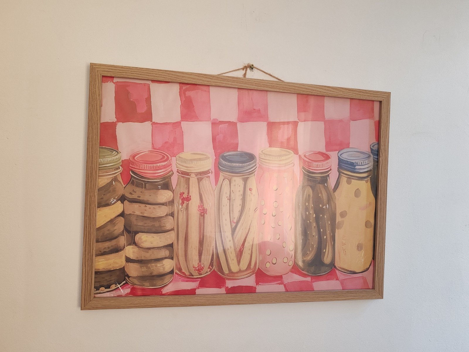 Schilderij met ingelegde potten op rood-wit geruit, Antiek en Kunst, Ophalen
