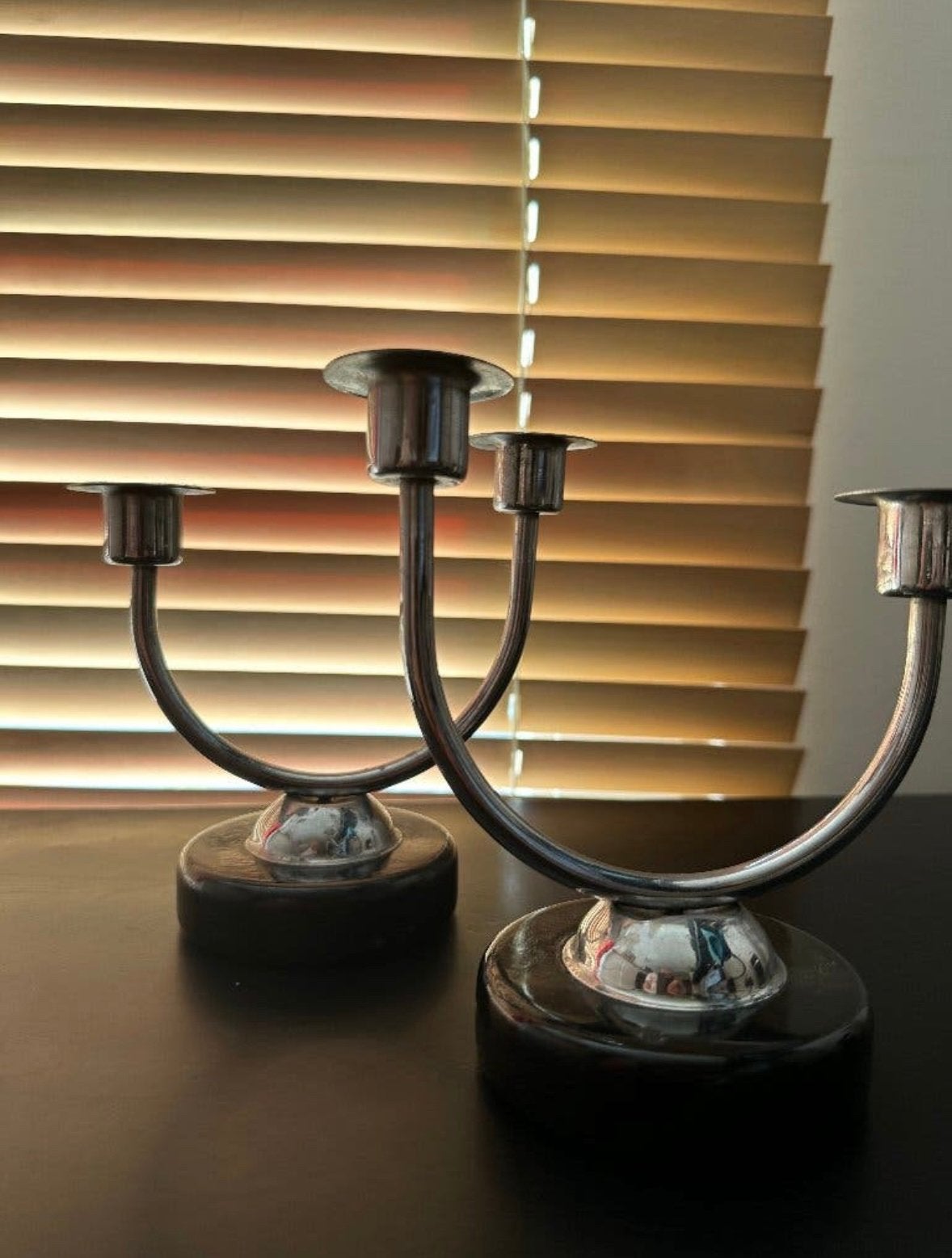 Set vintage Art Deco / Bauhaus kandelaren - Chroom & Hout, Antiek en Kunst, Ophalen, Overige materialen