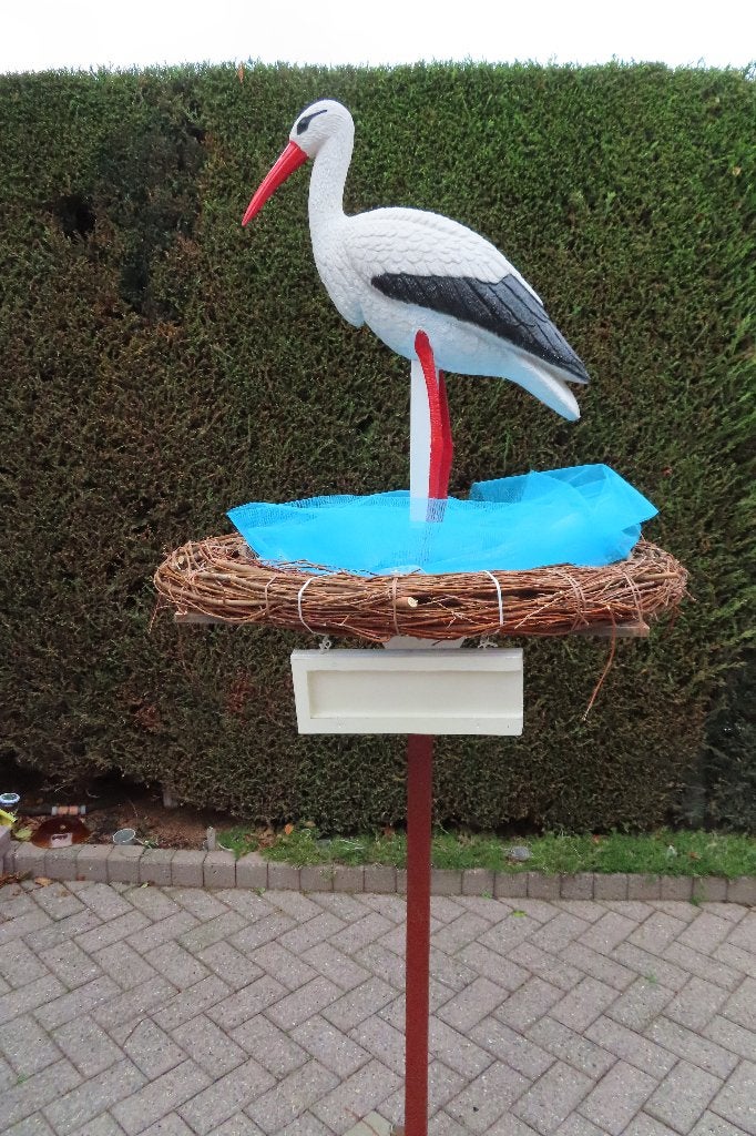 3D ooievaar + nest + met naambordje naar keuze., Ophalen, Nieuw, Geboortebord