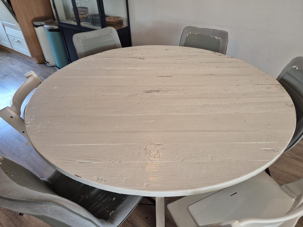 Ronde wit geschilderde massief houten eettafel 140cm, Gebruikt, 100 tot 150 cm, Rond, Ophalen of Verzenden