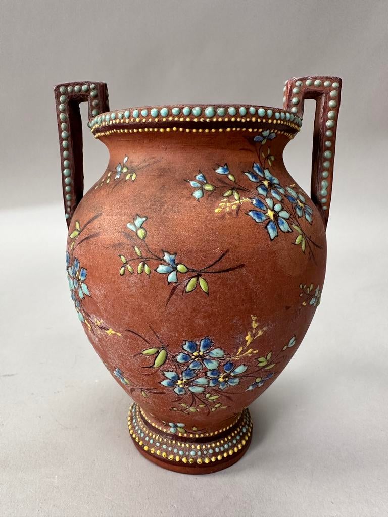 Antiek terracotta vaas,.handbeschilderd bloemdecor  ca. 1900, Ophalen of Verzenden