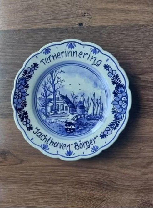Delftsblauw bord Jachthaven Borger, Ophalen of Verzenden