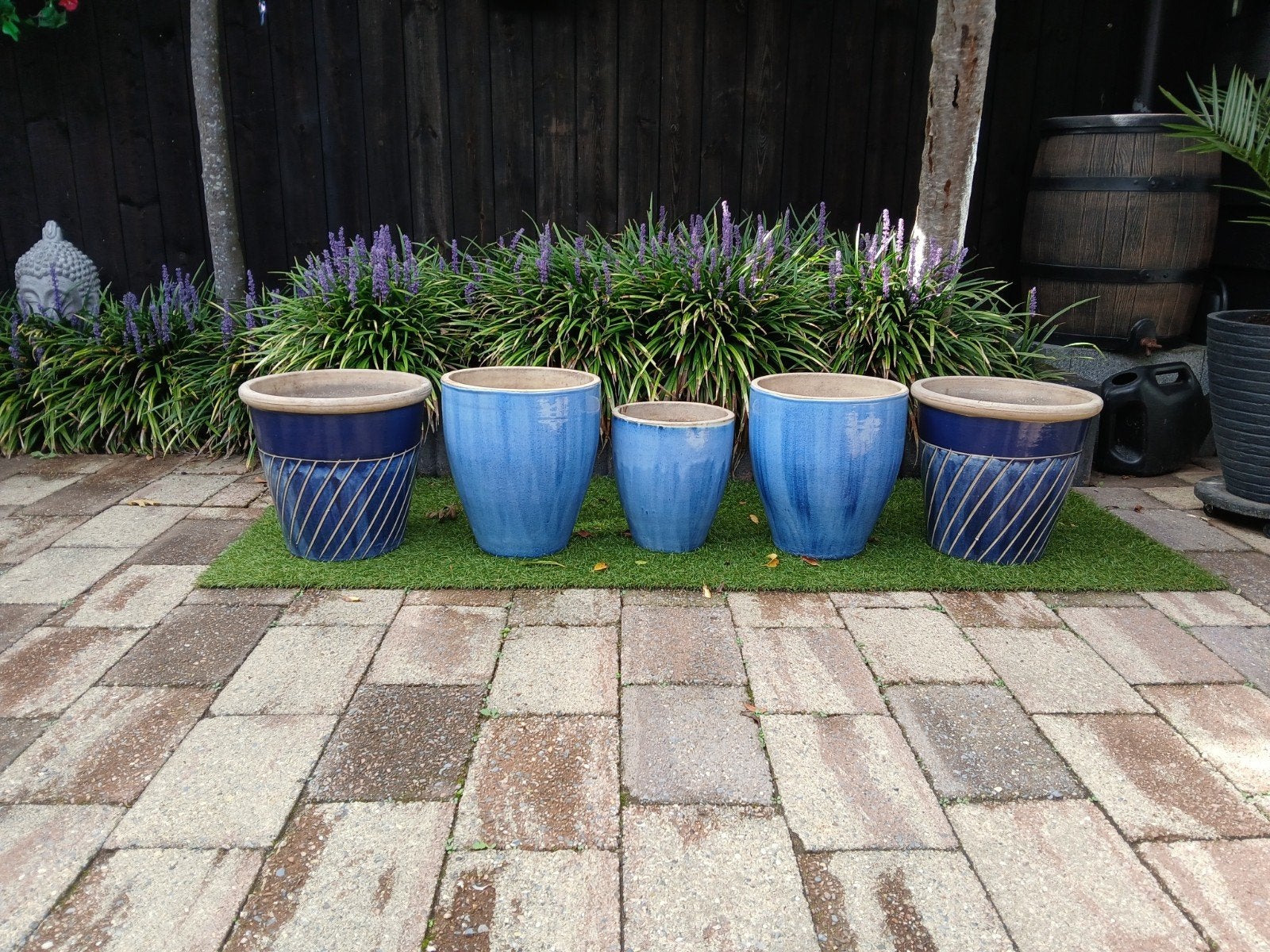Set van 5 blauwe geglazuurde bloempotten ., Ophalen, Steen, Minder dan 30 cm, Rond