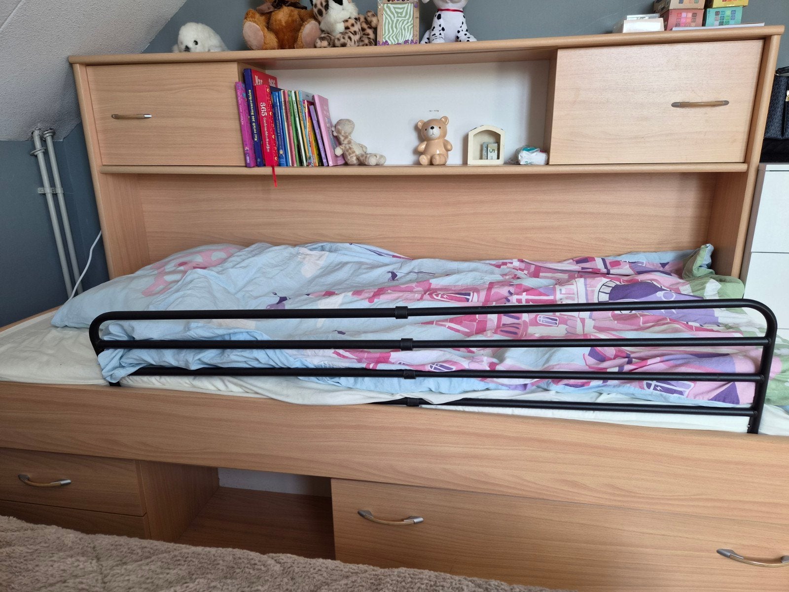 Eenpersoonsbed met opbergruimte en hoofdbord, Huis en Inrichting, Ophalen, 200 cm, Hout, 100 cm