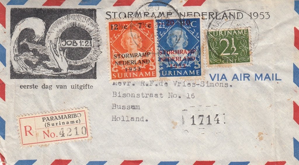 Suriname- 1953- ENVELOP- Watersnood -20 -Stormrampzegels- G, Postzegels en Munten, Verzenden, Envelop