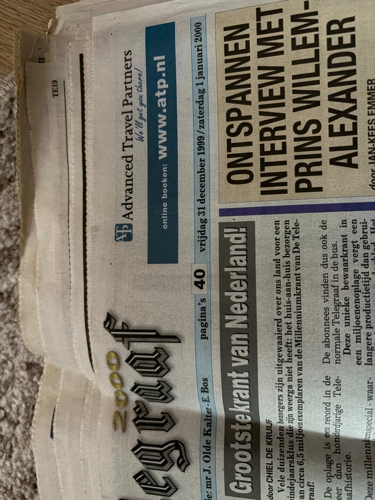 De Telegraaf Millennium Editie 31 dec 1999 - 1 jan 2000, Boeken, Tijdschriften en Kranten, Ophalen of Verzenden, Gelezen, Krant