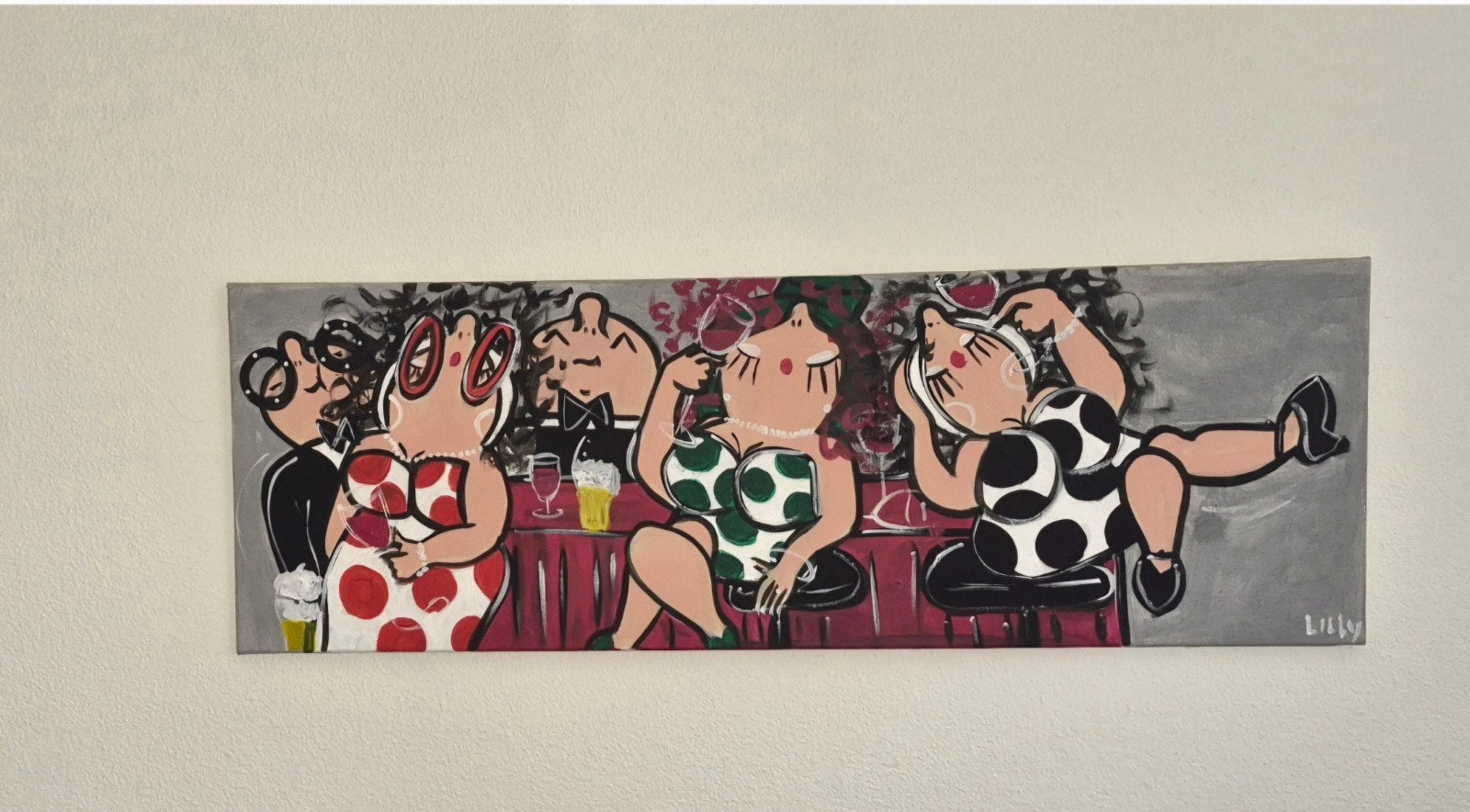 Schilderij dikke dames aan de bar 120 x 40 cm, Ophalen