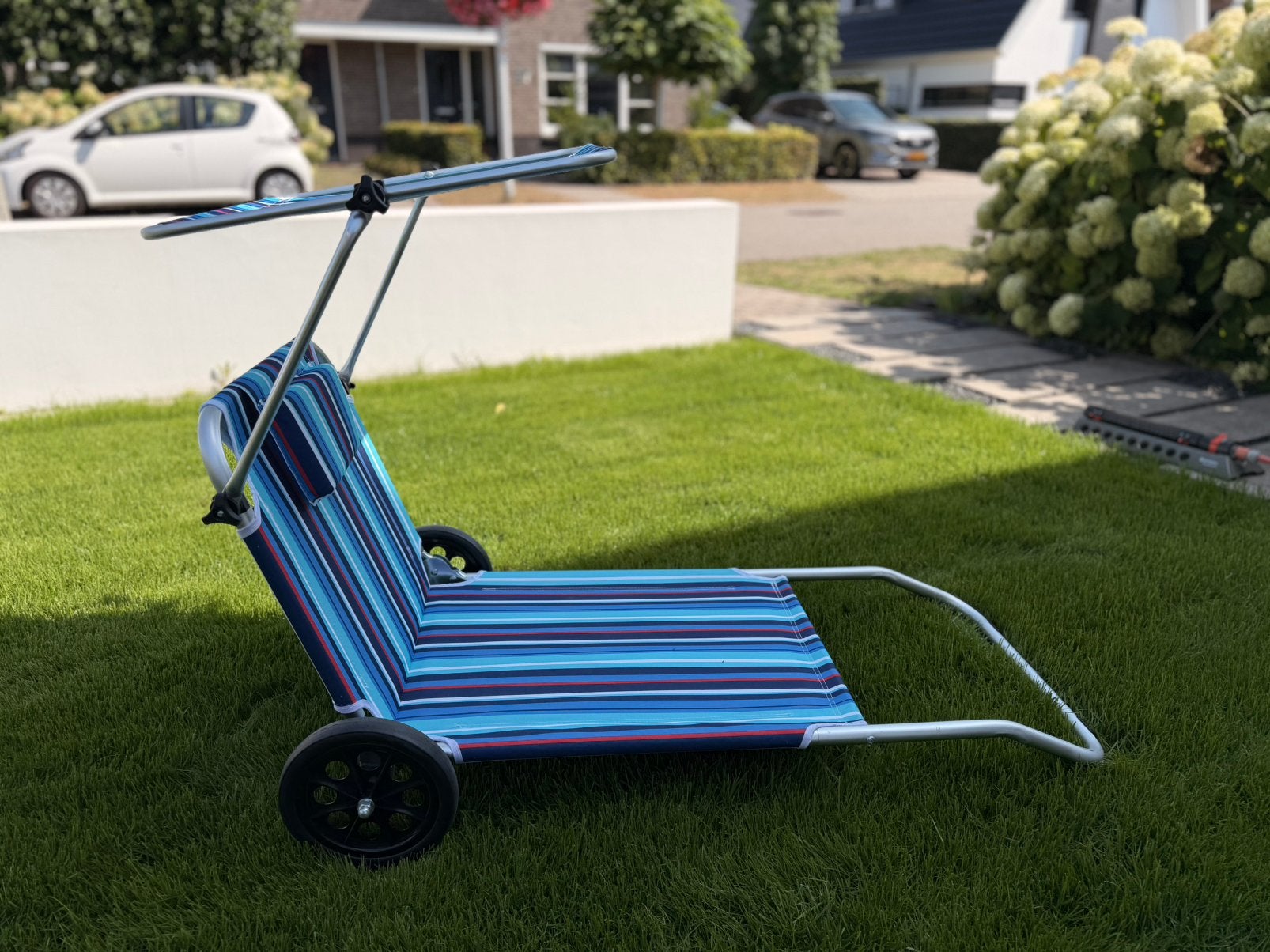 2xStrandstoel & Trolley in 1 (Met Zonnedak!) Prijs per stoel, Ophalen of Verzenden, Zo goed als nieuw, Aluminium, Verstelbaar