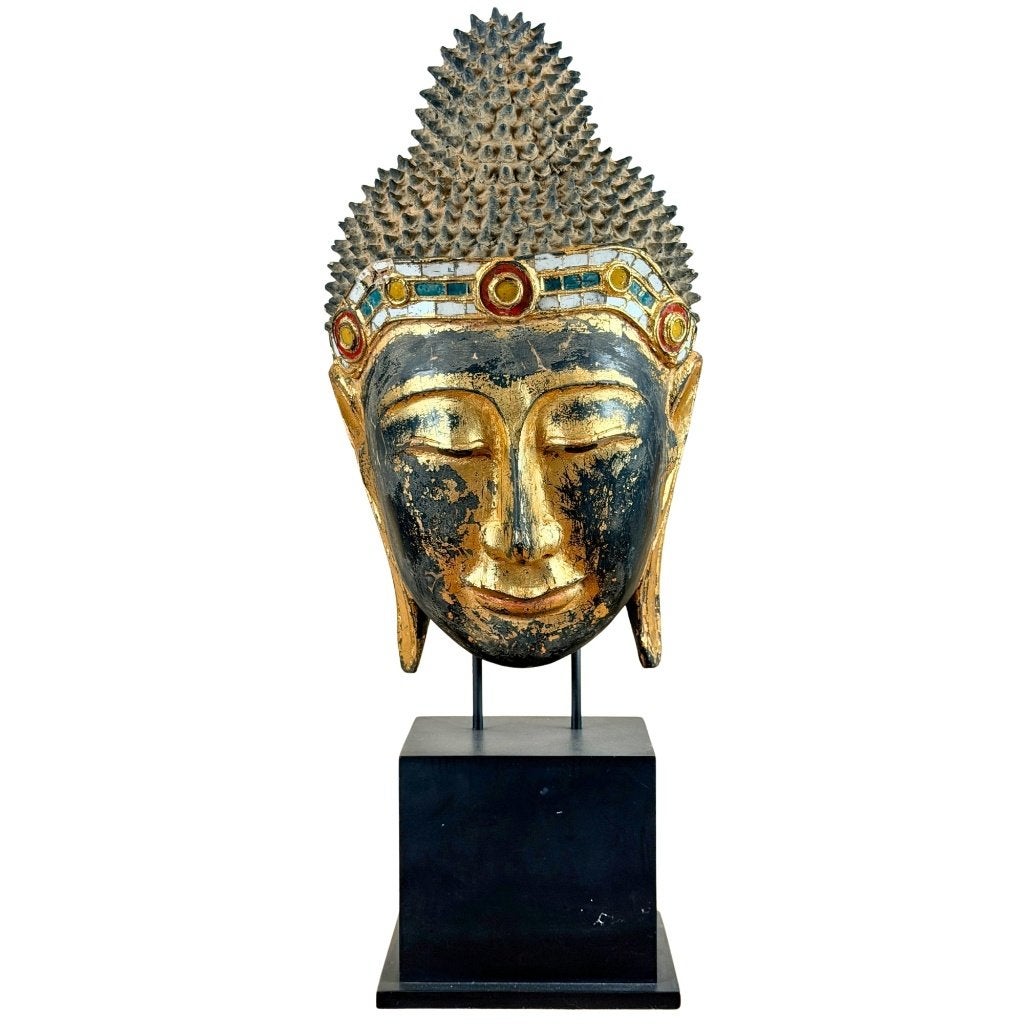 Boeddhahoofd – Birmaans Mandalay – verguld hout – 90,5 cm, Huis en Inrichting, Gebruikt, Ophalen of Verzenden, Hout, Gouden accenten