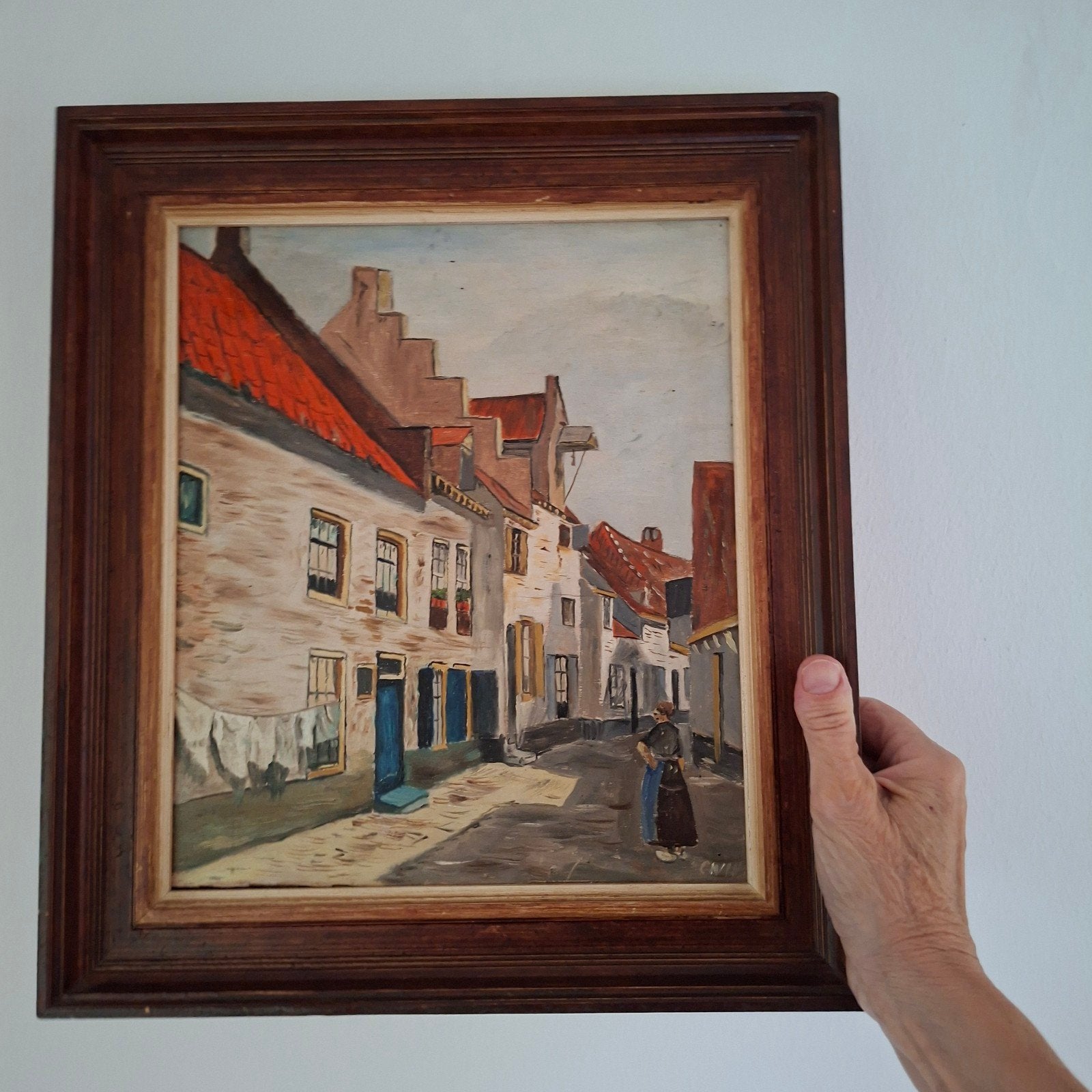 Vintage Olieverfschilderij Oud Hollands Straatje Ingelijst, Oud hollands, Ophalen of Verzenden, Olieverf, Stads- / dorpsgezicht