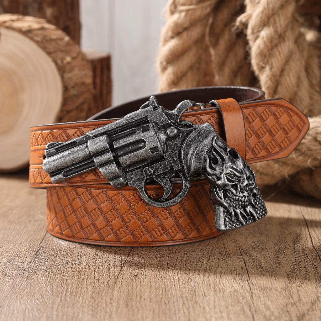 Cognac bruine kunstleren cowboyriem met revolver, Bruin, Verzenden, Nieuw, 115 cm of meer
