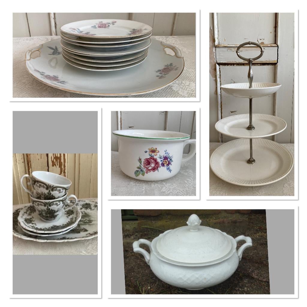 Brocante gebakstel - etagere - po - dekschaal - kopjes, Antiek en Kunst, Ophalen of Verzenden