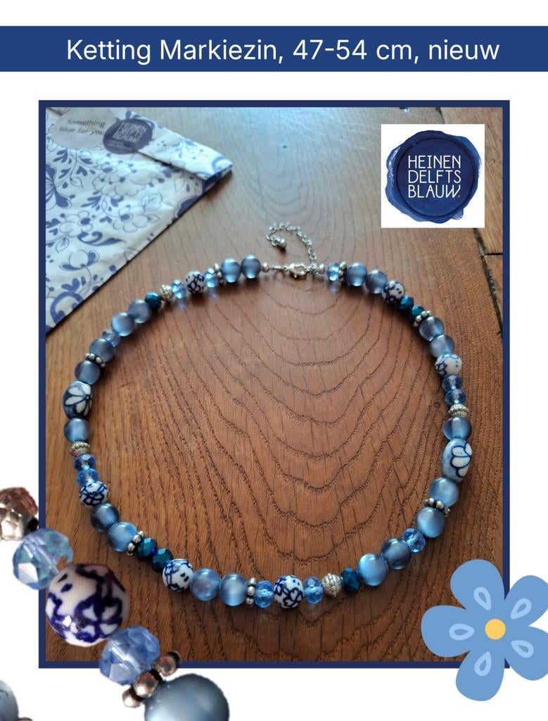 Heinen Delftsblauw ketting Markiezin, nieuw, Verstelbaar, Verzenden, Wit, Nieuw