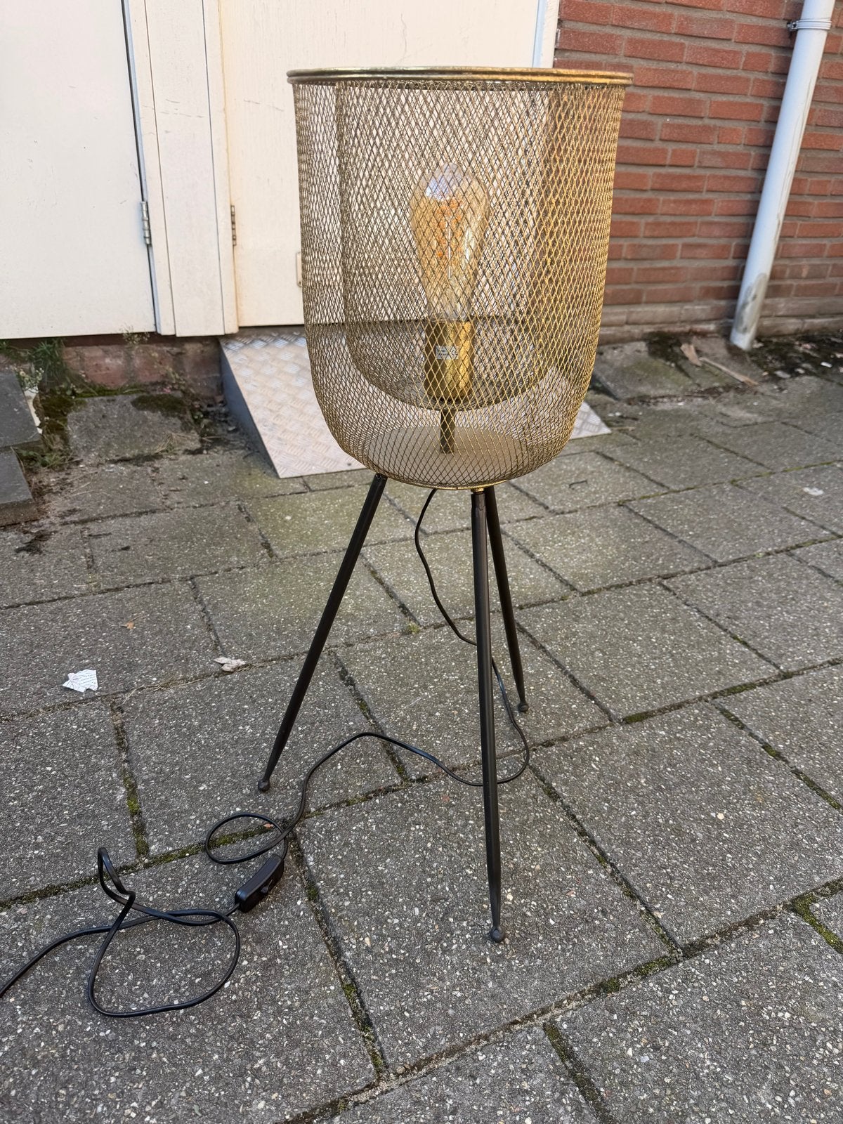 Gouden metalen gaas vloerlamp met Edison lamp, Huis en Inrichting, Ophalen, Gebruikt, 100 tot 150 cm, E27 (groot)