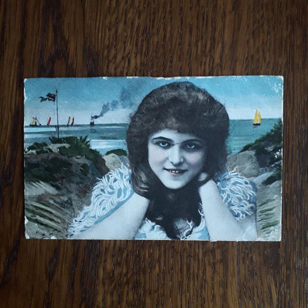 fotomontage: Duinen Dame Zee Zeilschepen Stoomboot ca 1910, Ophalen of Verzenden, Voor 1920, Ongelopen, Overige thema's