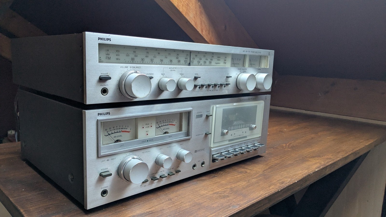 Philips 602 AM-FM Receiver/Versterker + N5531 Cassette Deck, Gebruikt, 60 tot 120 watt, Stereo, Ophalen