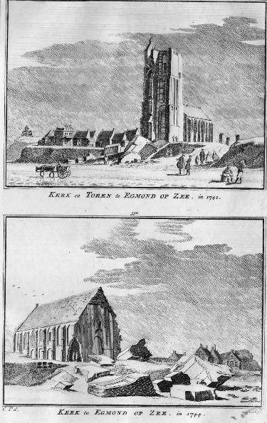 gravure kerk en toren Egmond aan zee 1742 Spilman, Antiek en Kunst, Stadsgezicht, Ophalen of Verzenden, Gravure, Origineel