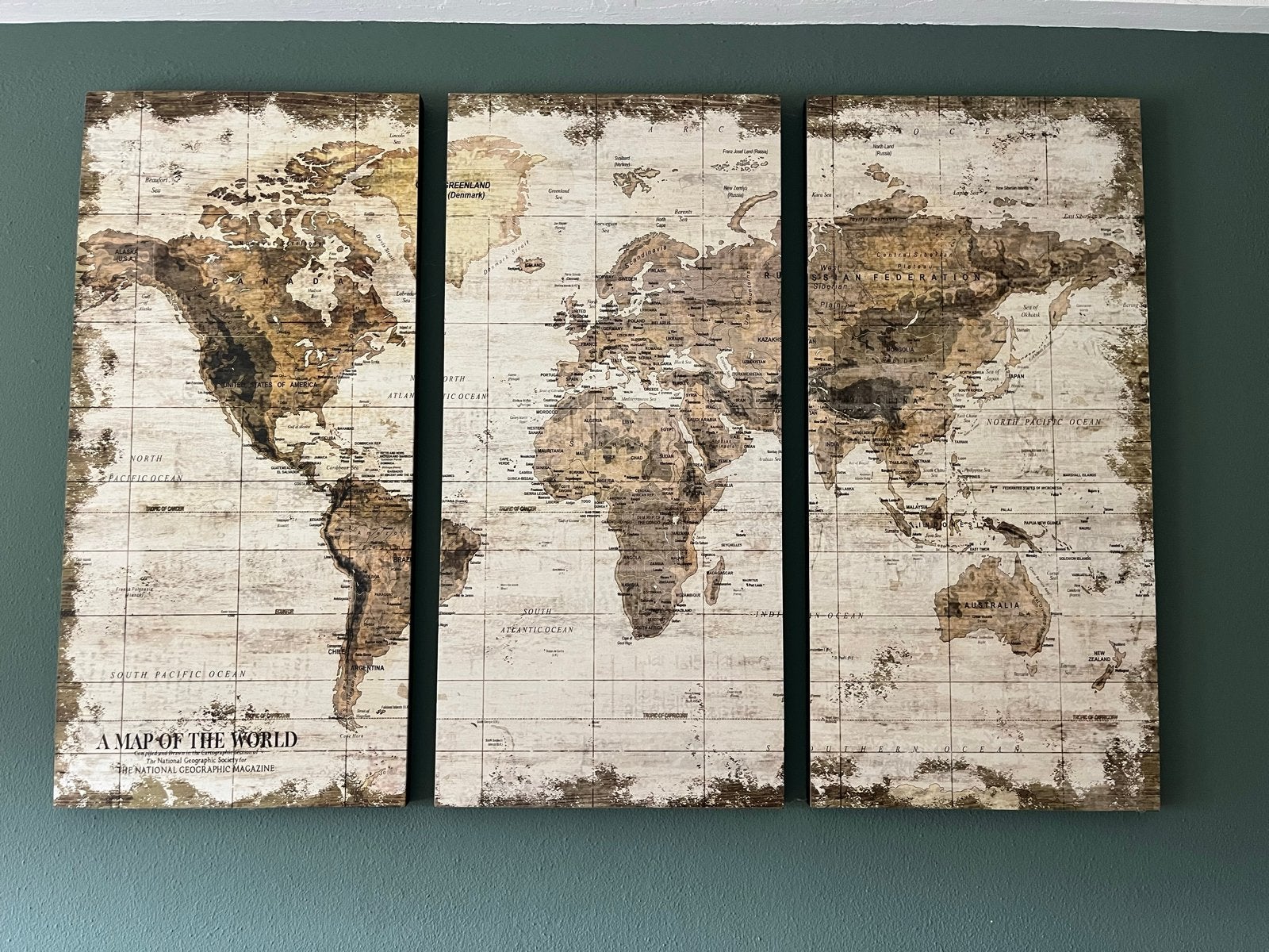 Grote wereldkaart op hout (3 panelen), Ophalen, Gebruikt, Hout, Wandbord of Wandpaneel