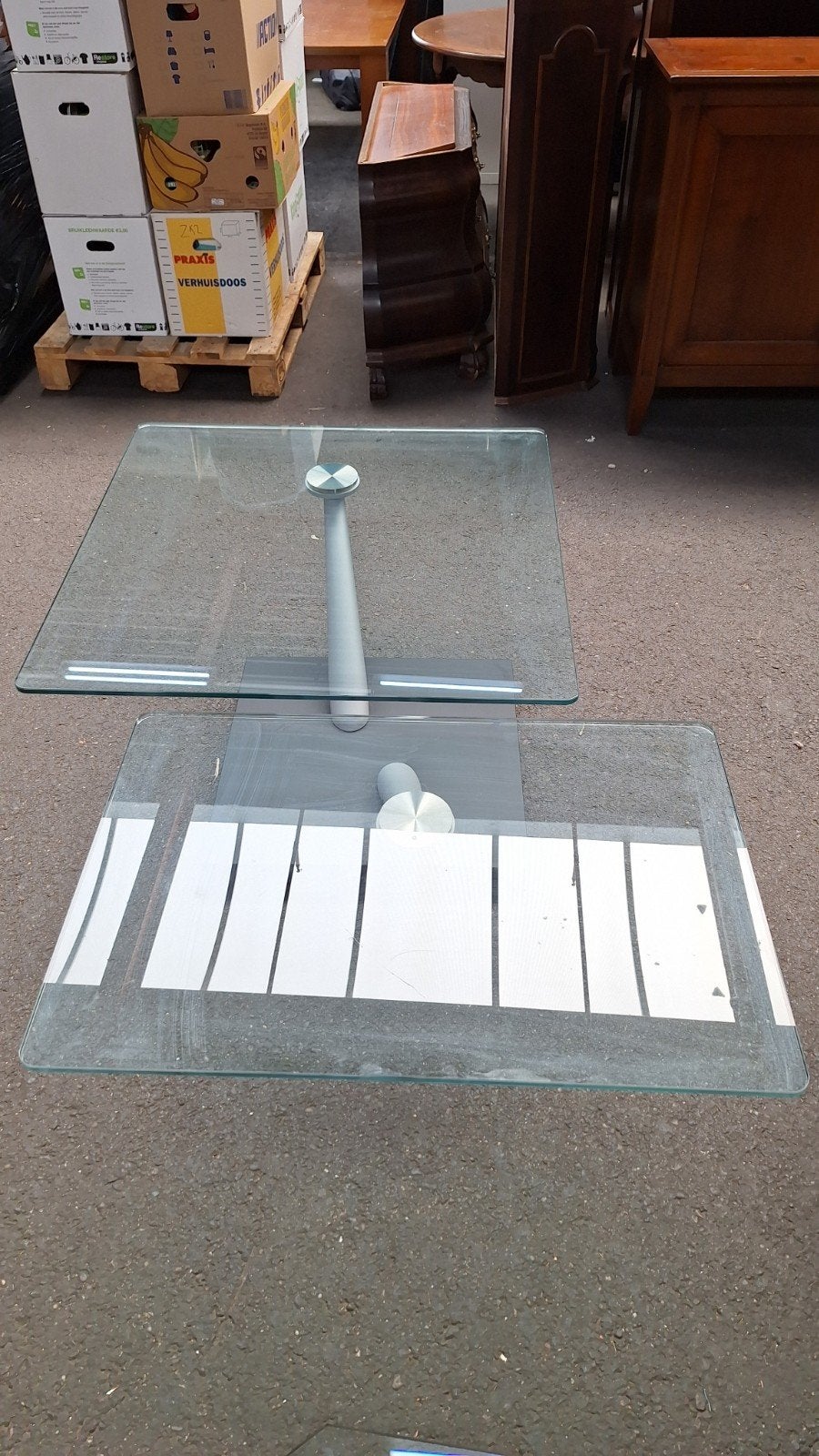 Moderne glazen salontafel met draaibaar blad, Gebruikt, 50 tot 100 cm, 50 tot 100 cm, Glas