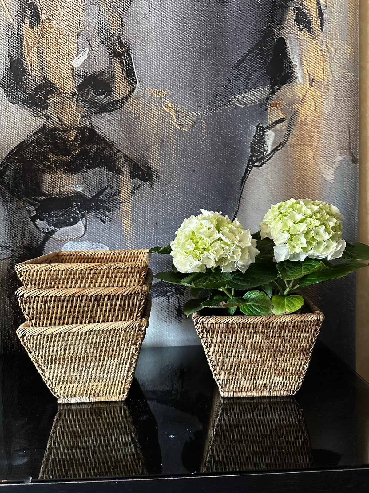 Birma rieten manden bloempot, Huis en Inrichting, Ophalen of Verzenden, Zo goed als nieuw, Vierkant, Riet