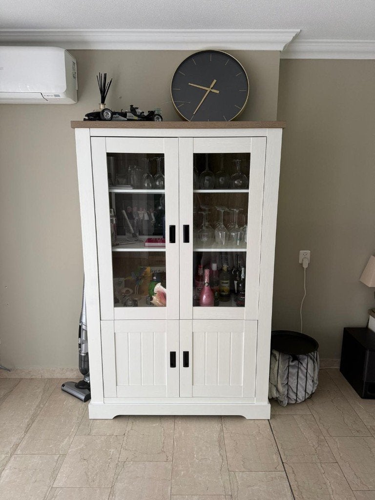 Vitrinekast Creil 118 cm | Wit / eikenlook, Ophalen, 50 tot 100 cm, Landelijk, 150 tot 200 cm