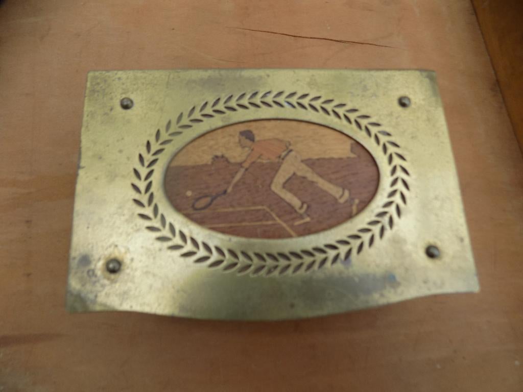 Art deco tabaksdoos messing tennisspeler ingelegd Wumak, Ophalen of Verzenden, Gebruikt