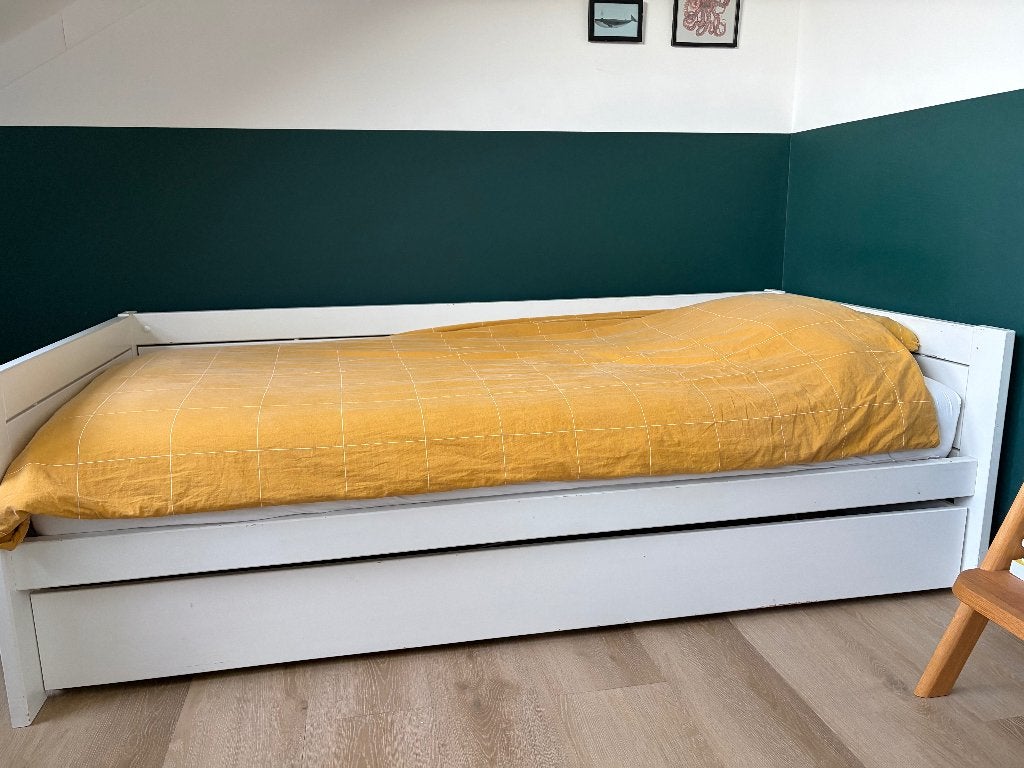 Lifetime eenpersoonsbed met uitschuiflade, wit gelakt, 85 tot 100 cm, Gebruikt, 180 cm of meer, Ophalen