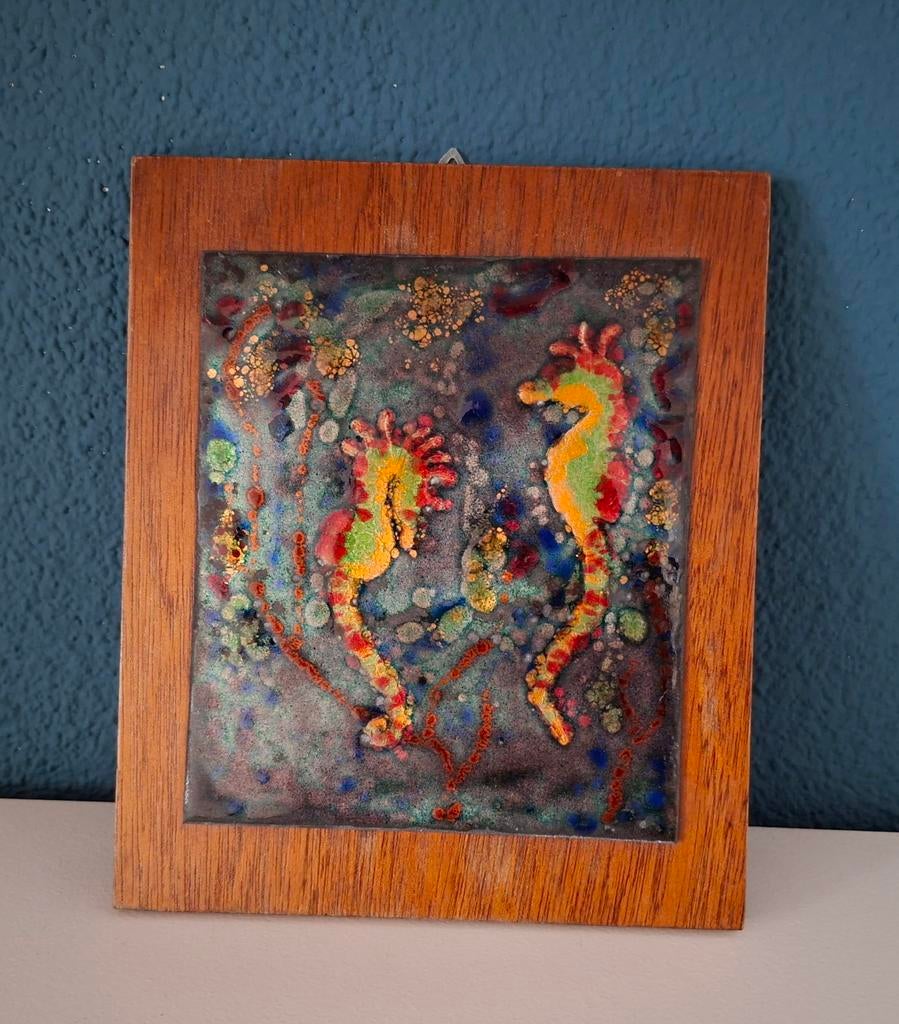 Vintage afbeelding op emaille met zeepaardjes, Ophalen of Verzenden, Huis en Inrichting