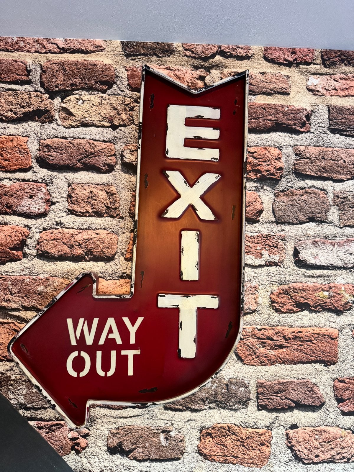 Vintage 'EXIT WAY OUT' bord - 70x40 cm, Vintage, Gebruikt, Ophalen of Verzenden, Metaal