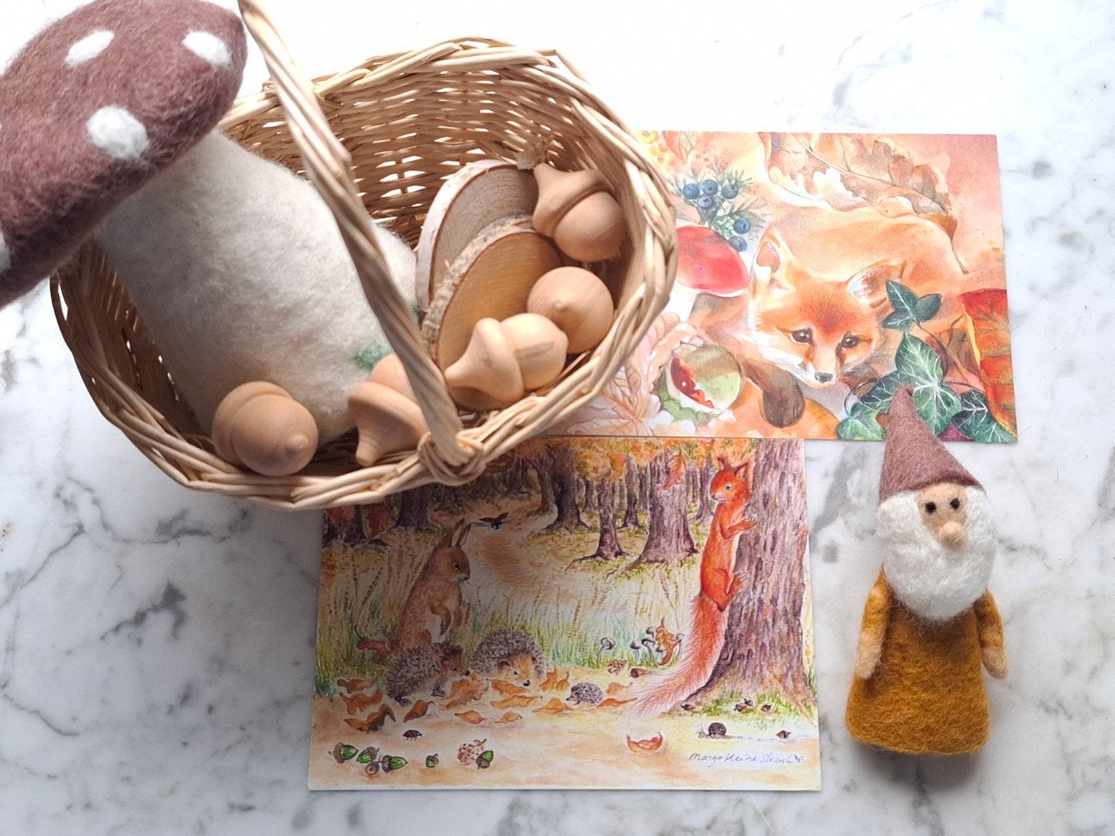 Herfst seizoenstafel set paddenstoel kabouter wol vilt, Verzenden, Nieuw, Figuurtje(s)