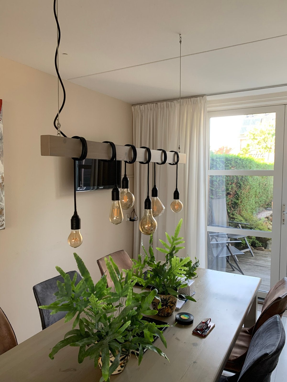 Industriële Houten Balk Hanglamp met Edison Lampen, Ophalen, Zo goed als nieuw, Hout, E27 (groot)