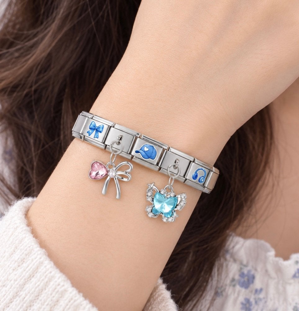Italian charm bracelet cool girl special zilver blauw armban, Verzenden, Nieuw, Blauw, Staal