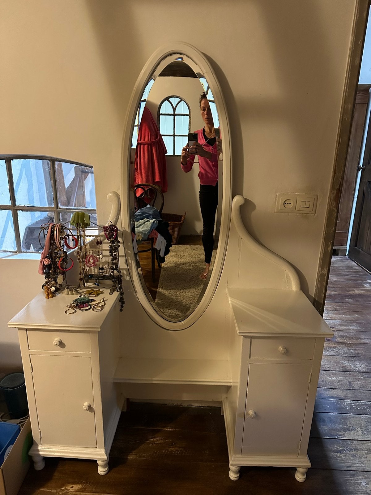 Witte kaptafel met ovale spiegel en ladekasten, Huis en Inrichting, Tafels | Kaptafels, Ophalen, Gebruikt, 100 tot 150 cm, 150 tot 200 cm