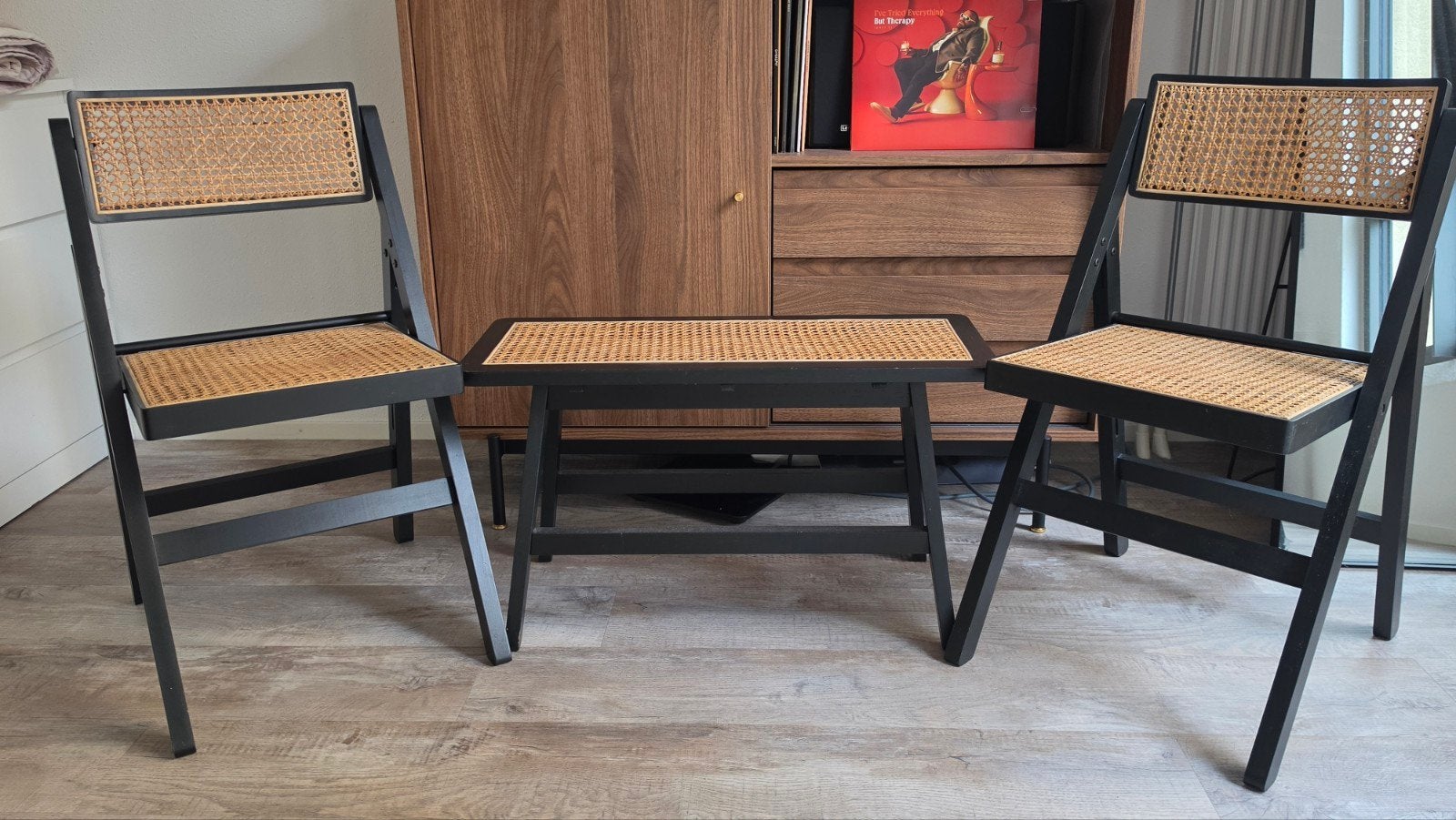 H&M Home rotan set – 2 klapstoelen + bankje – zwart hout, Ophalen, Gebruikt, Drie, Zwart