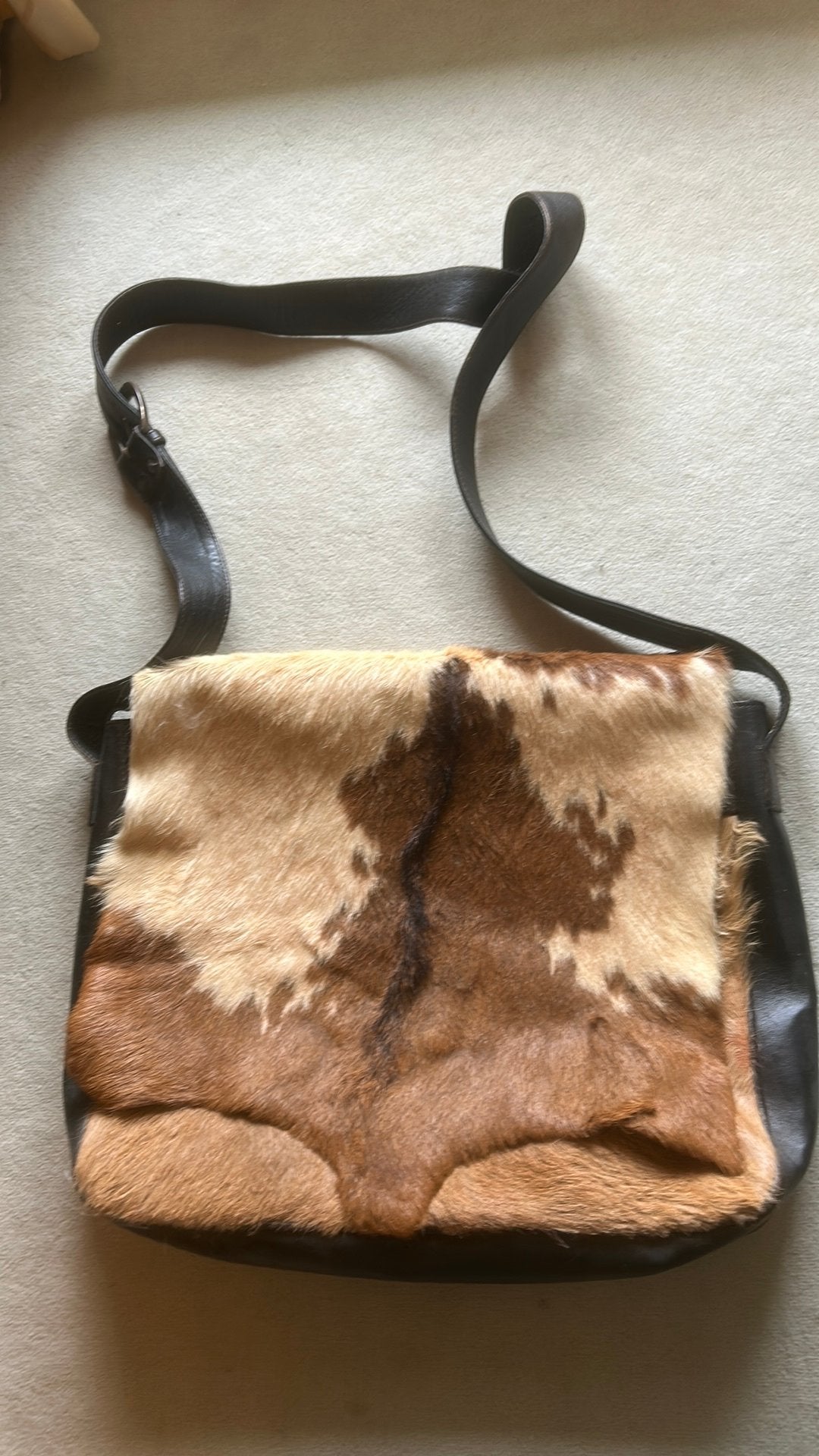 Koeienhuid schoudertas vintage tas met vakken, Ophalen of Verzenden, Gebruikt, Bruin, Leer