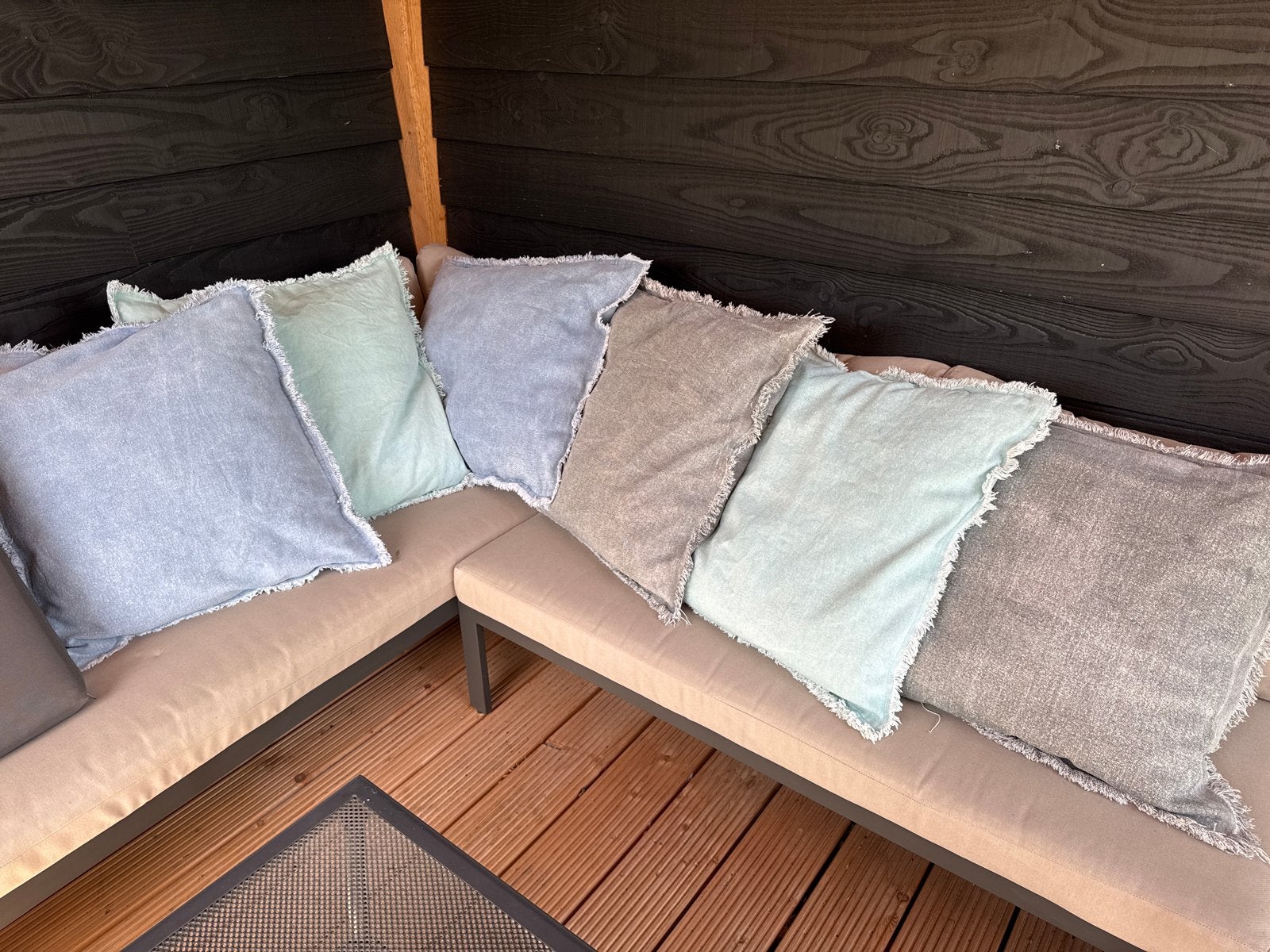 Mooie kussens 65x65 cm voor lounge set - mintgroen, blauw, g, Ophalen, Gebruikt, Groen, Vierkant