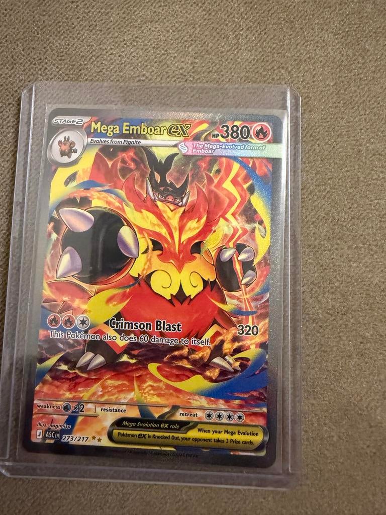 Mega Emboar EX Pokémon Kaart - Zeldzaam en in Topstaat, Ophalen of Verzenden, Zo goed als nieuw, Losse kaart, Foil