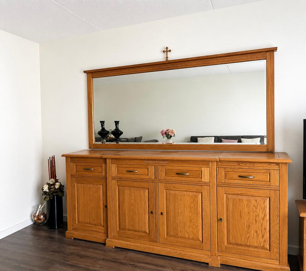 Authentieke massief eiken bufferkast met grote spiegel, Huis en Inrichting, Met deur(en), Klassiek, Eikenhout, Ophalen of Verzenden