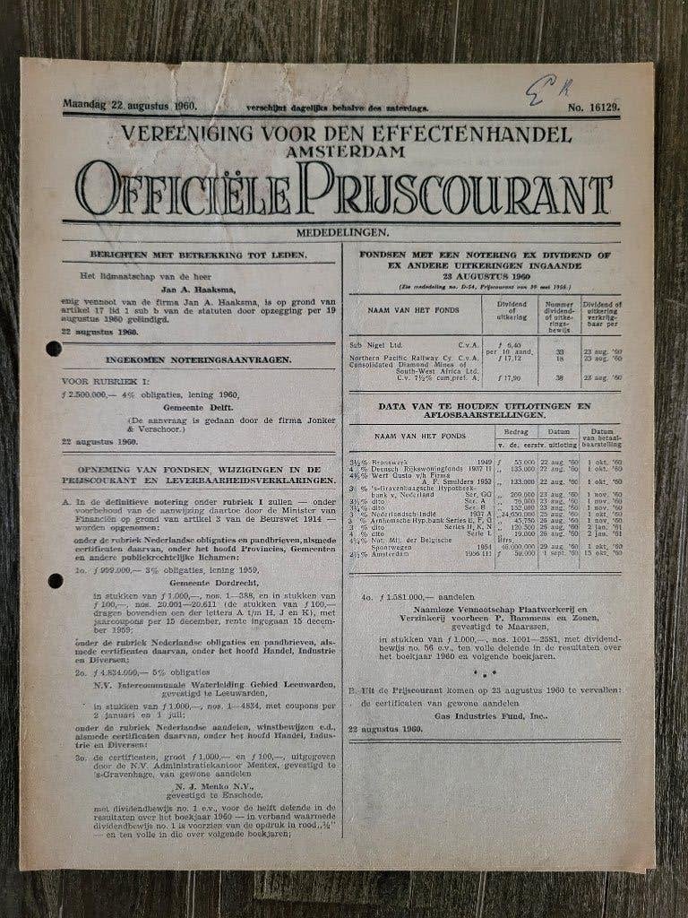 Officiele Prijscourant 22 augustus 1960, Ophalen of Verzenden, 1960 tot 1980, Krant
