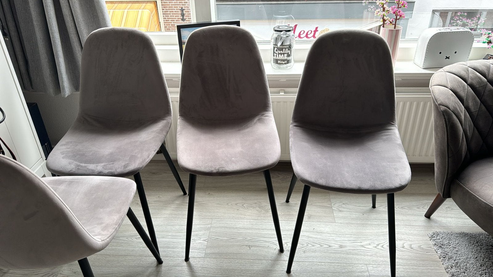 4 eetkamerstoelen, Huis en Inrichting, Stoelen, Ophalen, Gebruikt, Grijs, Vier