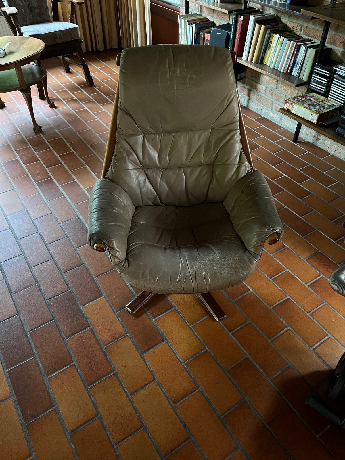 Vintage G Mobler draaistoel - Bruin leer en hout G-mobel, Ophalen of Verzenden