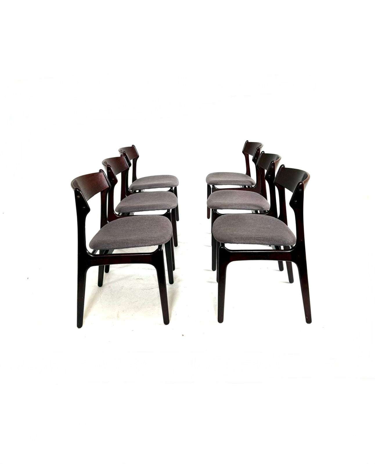 Set van 6 vintage eetkamerstoelen, Erik Buch ‘70, Hout, Erik Buch, Ophalen of Verzenden, Zo goed als nieuw